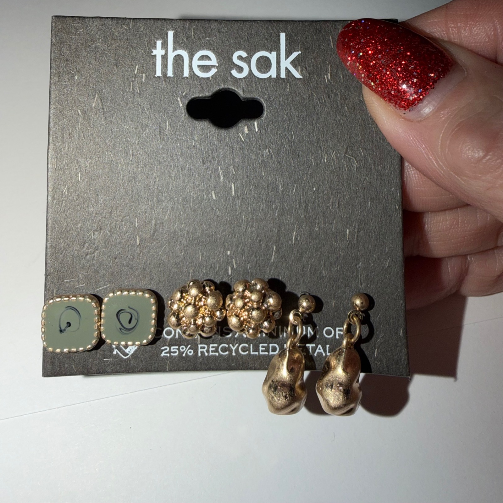The Sak 3 Pair Earring Set Gold Tone Green Square Studs Dangle Drop 30$